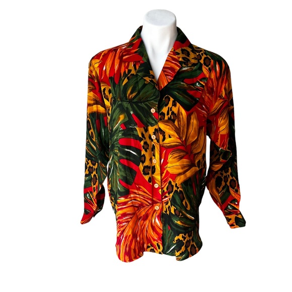 Vintage Adam Douglas Jungle Print Silk Button Down Blouse, Sz S - Picture 6 of 11